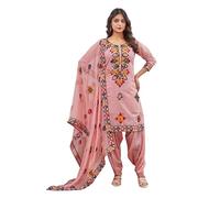 GJ Fashion Indian Phulkari Embroidery Work Chanderi Salwar Suit with Dupatta for Women Traditional Ethnic Wear, Pink16, XL