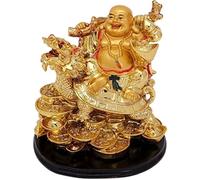 GJ Polyresin Laughing Buddha on Dragon, 10x 13x 8 cm, Gold, 1 Showpiece
