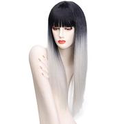 GJBXP 26inch Anime Harajuku Lolita Black Grey Ombre Wig Long Straight Womens Wigs With Bangs Heat Resistant Synthetic Hair Gray