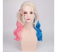 GJBXP Anime Batman Suicide Squad Harleen Quinzel Cosplay Wig Synthetic Hair Halloween Costume Ponytail Wigs For Women Perucas + Cap pink blue ponytail