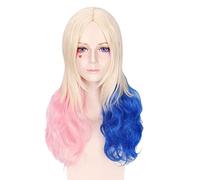 GJBXP Anime Batman Suicide Squad Harleen Quinzel Cosplay Wig Synthetic Hair Halloween Costume Ponytail Wigs For Women Perucas + Cap pink blue
