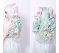 GJBXP Anime VOCALOID Miku Colorful Harajuku Lolita Curly Cosplay Wig Costume Synthetic Hair Wigs With Double Clip Ponytails colorful 2
