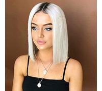 GJBXP Hairpieces Short Bob Straight Wigs for Black Women 100% Synthetic Fiber Hair Heat Resistant Hair Ombre Wigs, Silver-White 20Inches
