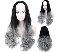 GJBXP Long Curly Wavy Fluffy Heat Resistant Synthetic Fiber Hair Performance Fashion Natural Omber Mixed Dark Roots Wigs for Cosplay 28inches/70cm Gray
