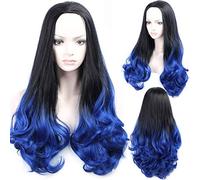 GJBXP Long Curly Wavy Fluffy Heat Resistant Synthetic Fiber Hair Performance Fashion Natural Omber Mixed Dark Roots Wigs for Cosplay 28inches/70cm Blue