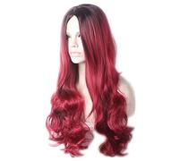GJBXP Omber 2 Tone Long Wavy Ombre Wigs Dark Roots Heat Resistant Sythetic Fiber Full Hair for Women Black to Wine Red 28inches C0236