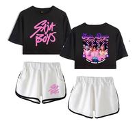 GJDNCIQ Demon Hunters Merch Saja Boys Crop Top Midriff-Baring Shirt +Shorts Short Sleeve Women Sets Fashion Tops (Black-White,XXL)