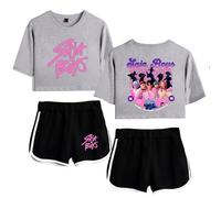 GJDNCIQ Demon Hunters Merch Saja Boys Crop Top Midriff-Baring Shirt +Shorts Short Sleeve Women Sets Fashion Tops (Gray-Black,XS)