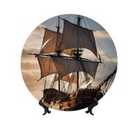Gjgdbxdw Ceramic Decorative Plate with Old Sailing Ship Print,Bone China (Porcelain) Plates Decorations with Vertical Stand for Home Office Shelf Wall Decor 6in
