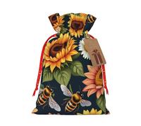 Gjgdbxdw Christmas Gift Bags with Bees Sunflowers Daisy Rose Flowers Print,Drawstring Gift Bag for Storing Candies and Snacks for Festivals Medium