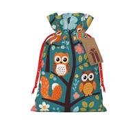 Gjgdbxdw Christmas Gift Bags with Cute Cartoon Owl Tree Flowers and Squirrel Print,Drawstring Gift Bag for Storing Candies and Snacks for Festivals Medium
