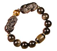 GJGHKLHL bracelet, Natural Black Gold Obsidian Double PiXiu Bracelet Buddhist Prayer Brave Troops Stone Bead Bangle DIY Bracelets for Men Women