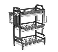 GJGSW 3-Tier Dish Rack, Stainless Steel Sink Drain Board with Utensil Holder and Cutlery Tray, Space Saving Kitchen Countertop Organizer(Black)