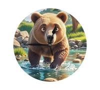 GJHKSSVB 10 Inch Round Wall Clock, Silent Non-Ticking Clock Battery Operated Decorative Wall Clocks for Living Room, Kitchen, Bathroom, Bedroom, and Office,Bear Crossing The River Cartoon