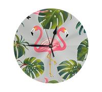 GJHKSSVB 10 Inch Round Wall Clock, Silent Non-Ticking Clock Battery Operated Decorative Wall Clocks for Living Room, Kitchen, Bathroom, Bedroom, and Office,Flamingo Palm Trees Leaf