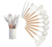 GJIE Kitchen Utensil Set, 12 PCS Silicone Cooking Utensils Set with Wooden Handle, Heat Resistant, Nonstick Cookware Tongs Spatula Spoon Set, Dishwasher Safe, Best Kitchen Tools (White)