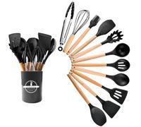 GJIE Kitchen Utensil Set, 12 PCS Silicone Cooking Utensils Set with Wooden Handle, Heat Resistant, Nonstick Cookware Tongs Spatula Spoon Set, Dishwasher Safe, Best Kitchen Tools (Black)