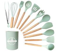 GJIE Kitchen Utensil Set, 12 PCS Silicone Cooking Utensils Set with Wooden Handle, Heat Resistant, Nonstick Cookware Tongs Spatula Spoon Set, Dishwasher Safe, Best Kitchen Tools (Green)