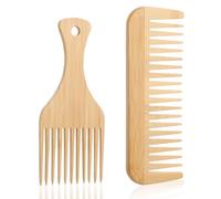 Gjinxi 2PCS Bamboo Wide Tooth Comb Set Large Detangling Comb and Travel-Friendly Brush for Curly and Long Hair Natural Anti-Static Wooden Combs for Styling Shampooing and Afro Hair for Men and Women