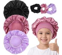Gjinxi 3pcs Kids Satin Sleeping Bonnets for Girls Boys, Silk Sleep Cap Cute Bonnet with Elastic Wide Tie Band Scrunchies Nightcap for Teenagers Natural Curly Hair (Black + Purple + Pink)