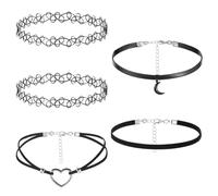 Gjinxi 5pcs Black Necklaces Choker Set for Women, Classic Gothic Boho Moon Velvet Necklace Adjustable Love Heart Leather Cord Choker Necklace Punk Goth Layered Collar Clothes Jewelry Accessories