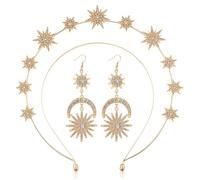 Gjinxi Goddess Dress Crown for Women of Stars Costume 2 PCS Starry Night Headband Moon Earrings Gold Tiara Accessories Headpiece Moon Crystal Halloween Cosplay Crowns Sun Hair Space Headbands