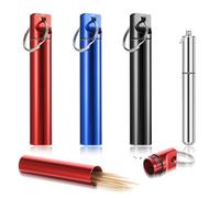 Gjinxi Toothpick Holder 4 Pieces Portable Container Dispenser Sturdy Safe Tooth Picks Pocket Waterproof Case Dispenser Aluminum with Keychain for Outdoor Picnic and Camping(Blue Red)