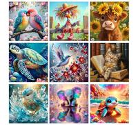 GJSZZO 9 Pack Diamond Painting Kits for Adults, Animal Diamond Art Kits for Beginners, 5D DIY Full Drill Turtles Cow Elephant Hummingbird Cat Gem Arts Kits for Home Wall Decor Gifts 12x12Inch