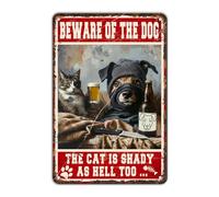 GJXFTPTTBD Dog Metal Tin Sign Beware Of The Dog The Cat Is Shady Too Cat Sign Retro Wall Art Decor Funny Signs Vintage Bar Pub Club Indoor Home Gifts 12 * 8in
