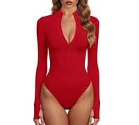 GJY Bodysuits for Women, One Piece Zip Front Long Sleeve Tops, Jumpsuits, M