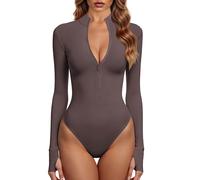 GJY Bodysuits for Women, One Piece Zip Front Long Sleeve Tops, Jumpsuits, Rose brown, S