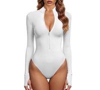 GJY Bodysuits for Women, One Piece Zip Front Long Sleeve Tops, Jumpsuits, White, S