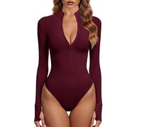 GJY Bodysuits for Women, One Piece Zip Front Long Sleeve Tops, Jumpsuits, Wine Red, S