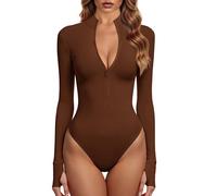 GJY Bodysuits for Women, One Piece Zip Front Long Sleeve Tops, Jumpsuits, XXL