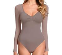 GJY Women's Bodysuit, Sexy V-Neck Long Sleeve Mesh Backless Bodysuit, Body Shaping Jersey, One-Piece Suit, Suitable for Going Out, Pink / Purple, XXL