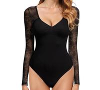 GJY Women's Bodysuit, Sexy V-Neck Long Sleeve Mesh Backless Bodysuit, Body Shaping Jersey, One-Piece Suit, Suitable for Going Out, black flowers, L