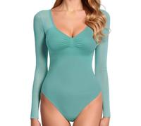 GJY Women's Bodysuit, Sexy V-Neck Long Sleeve Mesh Backless Bodysuit, Body Shaping Jersey, One-Piece Suit, Suitable for Going Out, Powder blue, S