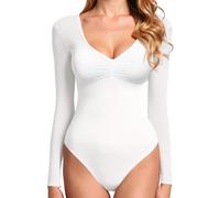 GJY Women's Bodysuit, Sexy V-Neck Long Sleeve Mesh Backless Top, Jumpsuits Top Leotard, Bodysuits for Going Out, White, M