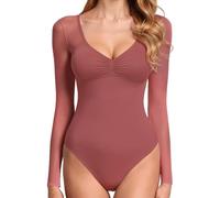 GJY Women's Bodysuit, Sexy V-Neck Long Sleeve Mesh Backless Top, Jumpsuits Top Leotard, Bodysuits for Going Out, rust red, L