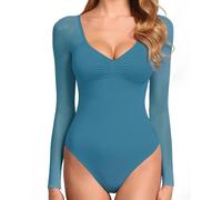 GJY Women's Bodysuit, Sexy V-Neck Long Sleeve Mesh Backless Top, Jumpsuits Top Leotard, Bodysuits for Going Out, Sky Blue, L