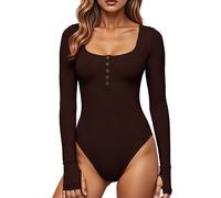 GJY Women's Bodysuits, Button Closure Round Neck Long Sleeve Casual Slim Cut Jumpsuit, Shirts Tops, coffee, XL