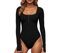 GJY Women's Bodysuits, Button Closure Round Neck Long Sleeve Casual Slim-Fit Jumpsuit, Shirts Tops, black, S
