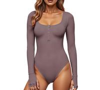 GJY Women's Bodysuits, Button Closure Round Neck Long Sleeve Casual Slim Fit Jumpsuit, Shirts Tops, Rose brown, XL