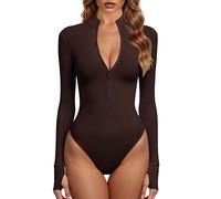 GJY Women's Bodysuits One Piece Zip Front Long Sleeve Bodysuits Jumpsuits, coffee, M