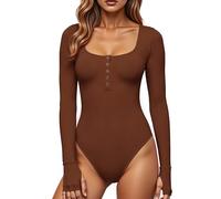 GJY Women's Bodysuits, Press Stud Closure, Crew Neck, Long Sleeves, Casual Slim Cut Jumpsuit, Shirts Tops, Russet Brown, M