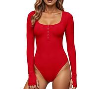 GJY Women's Bodysuits, Press Stud Closure, Crew Neck, Long Sleeves, Casual Slim Cut Jumpsuit, Shirts Tops, Candis Red, L