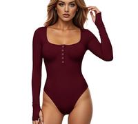 GJY Women's Bodysuits, Press Stud Closure, Crew Neck, Long Sleeves, Casual Slim Cut Jumpsuit, Shirts Tops, Wine Red, XL