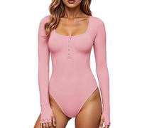 GJY Women's Bodysuits, Press Stud Closure, Crew Neck, Long Sleeves, Casual Slim Cut Jumpsuit, Shirts Tops, Cute pink, M