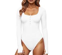 GJY Women's Bodysuits, Press Stud Closure, Crew Neck, Long Sleeves, Casual Slim Cut Jumpsuit, Shirts Tops, White, XL
