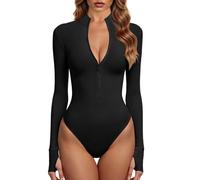 GJY Womens Zip Front Long Sleeve Bodysuit, Black, M